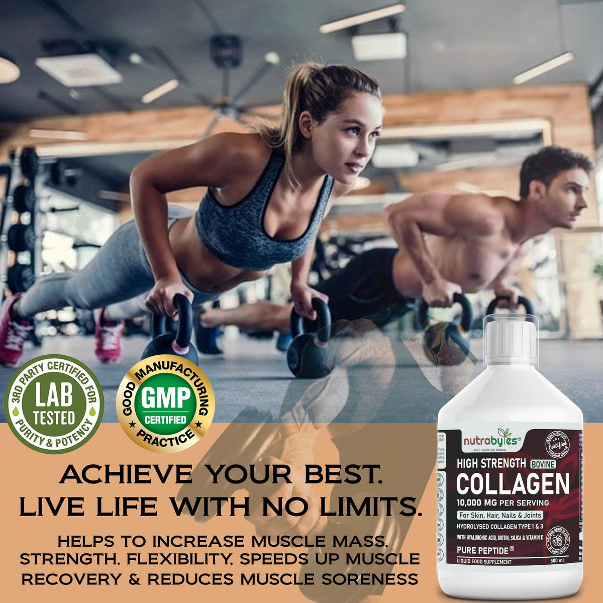 Collagen Liquid 10000mg, Hydrolysed Peptides - Hyaluronic Acid, Biotin, Silica, Vitamin C, Vitamin B12