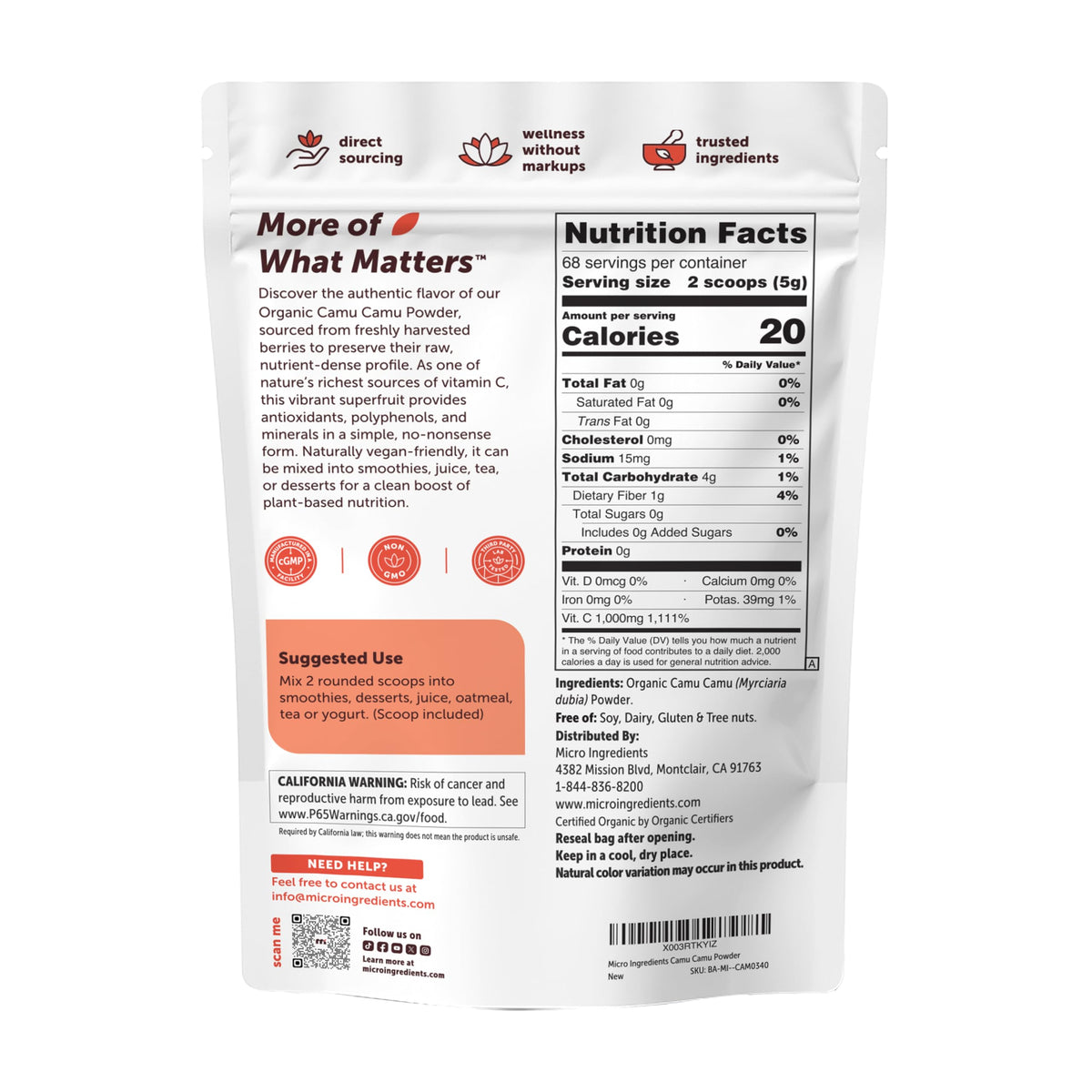 Micro Ingredients Organic Camu Camu Powder, 12 oz - Freshly Harvested Berry - Source of Naturally Occurring Vitamin C - Non-GMO, Vegan Friendly