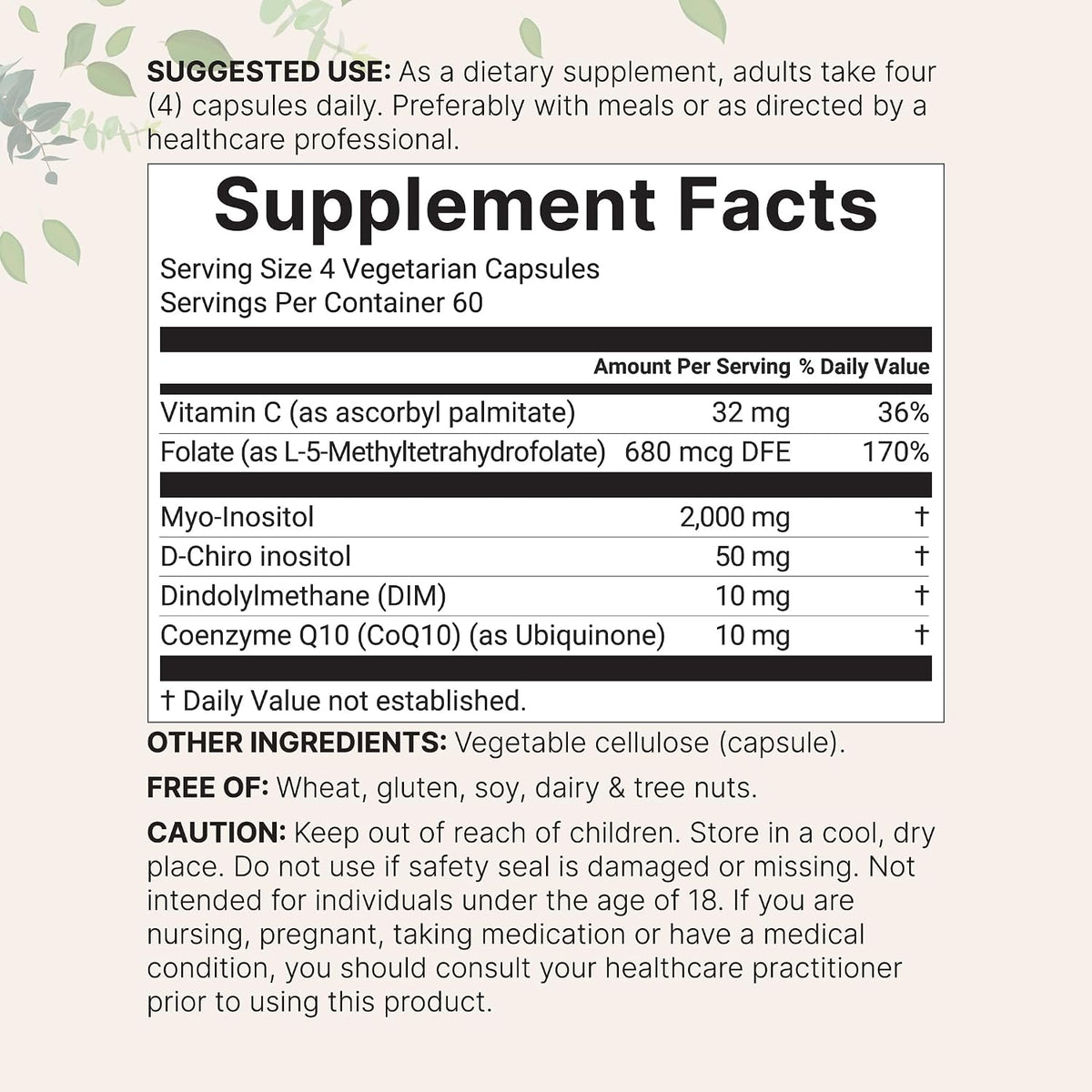 Myo-Inositol & D-Chiro Inositol 2,050mg - 240 Veggie Capsules + Vitamin C, Folate, DIM, & CoQ10 - Inositol Supplement for Women - 40:1 Ratio - Hormonal Balance & Ovarian Support - Filler Free