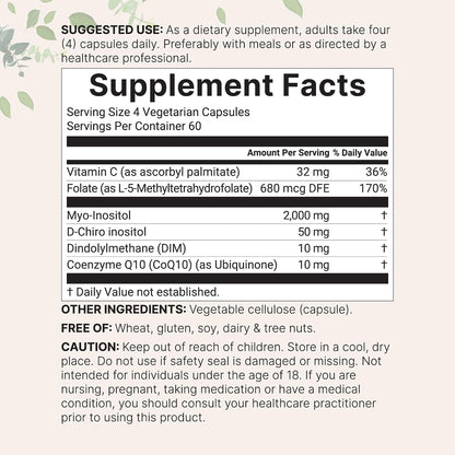 Myo-Inositol & D-Chiro Inositol 2,050mg - 240 Veggie Capsules + Vitamin C, Folate, DIM, & CoQ10 - Inositol Supplement for Women - 40:1 Ratio - Hormonal Balance & Ovarian Support - Filler Free