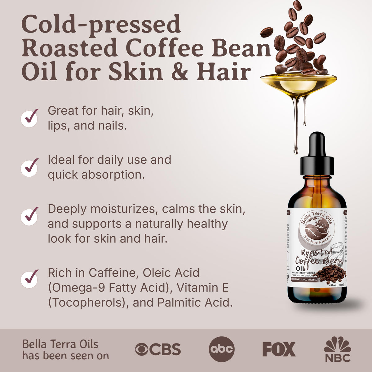 Bella Terra Oils - Roasted Bean Oil 8 oz - Pure Extract from Roasted Seeds, Enriched with Fatty Acids, An Elixir for Skin