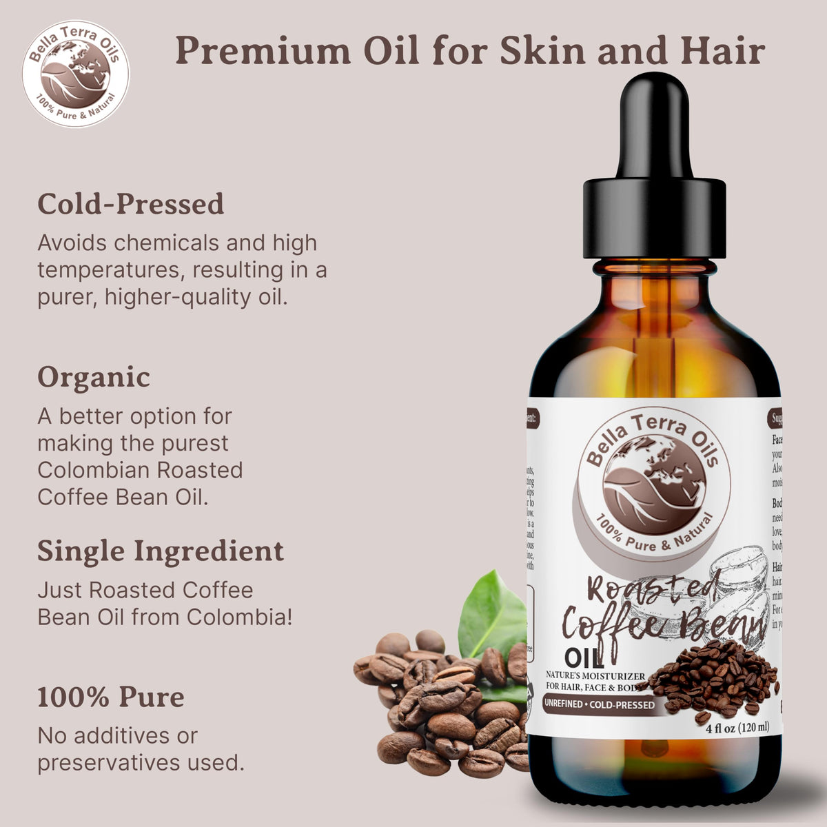Bella Terra Oils - Roasted Bean Oil 8 oz - Pure Extract from Roasted Seeds, Enriched with Fatty Acids, An Elixir for Skin