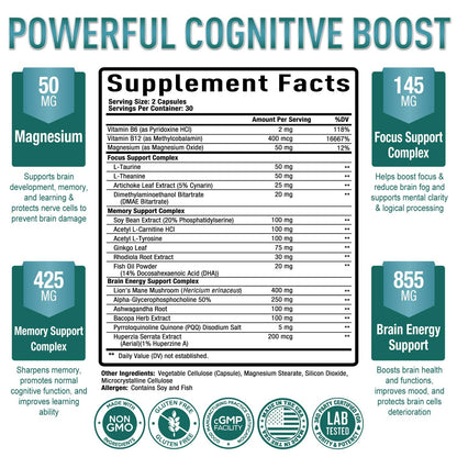 Premium Brain Supplement - Nootropic Brain Booster for Focus, Clarity, Improved Memory