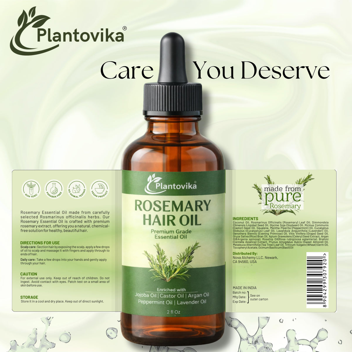 Plantovika Rosemary Oil for Hair Growth - Hair Growth Oil with Jojoba, Castor, Argan, Peppermint & Lavender - Scalp & Hair Strengthening Treatment for Women & Men (2 Fl Oz)