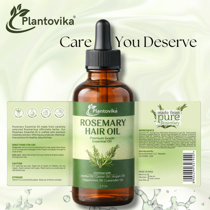 Plantovika Rosemary Oil for Hair Growth - Hair Growth Oil with Jojoba, Castor, Argan, Peppermint & Lavender - Scalp & Hair Strengthening Treatment for Women & Men (2 Fl Oz)