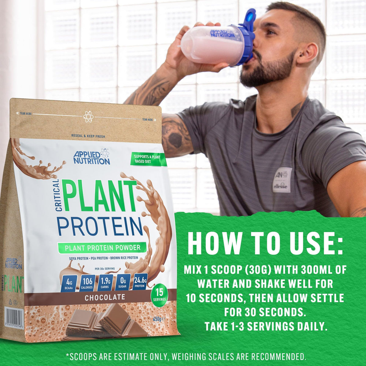 Applied Nutrition Plant Protein Powder - Critical Plant Vegan Protein Shake with SOYA, Pea, Brown Rice Proteins