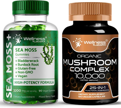 WELLNESS LABSRX Mushroom Supplement Capsules - Sea Moss Gummies - Bundle