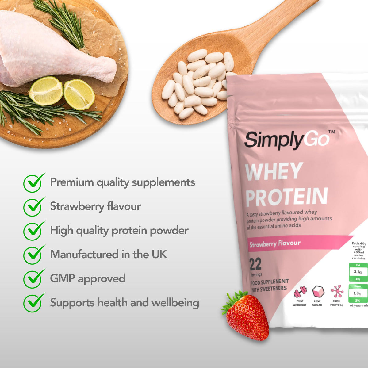 SimplyGo Whey Protein Powder - 900g - Simply Add 30g to Water, Juice or Shakes