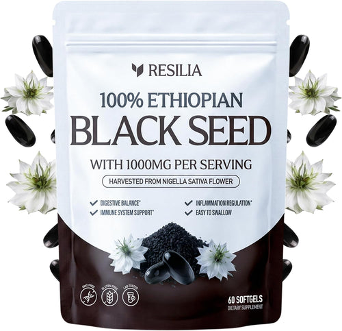 Resilia Ethiopian Black Seed Softgels 1000mg Per Serving – Premium Nigella Sativa Seed Oil Supplement – Digestive & Immune Support Formula – Easy to Swallow Soft Capsules (60 Count)