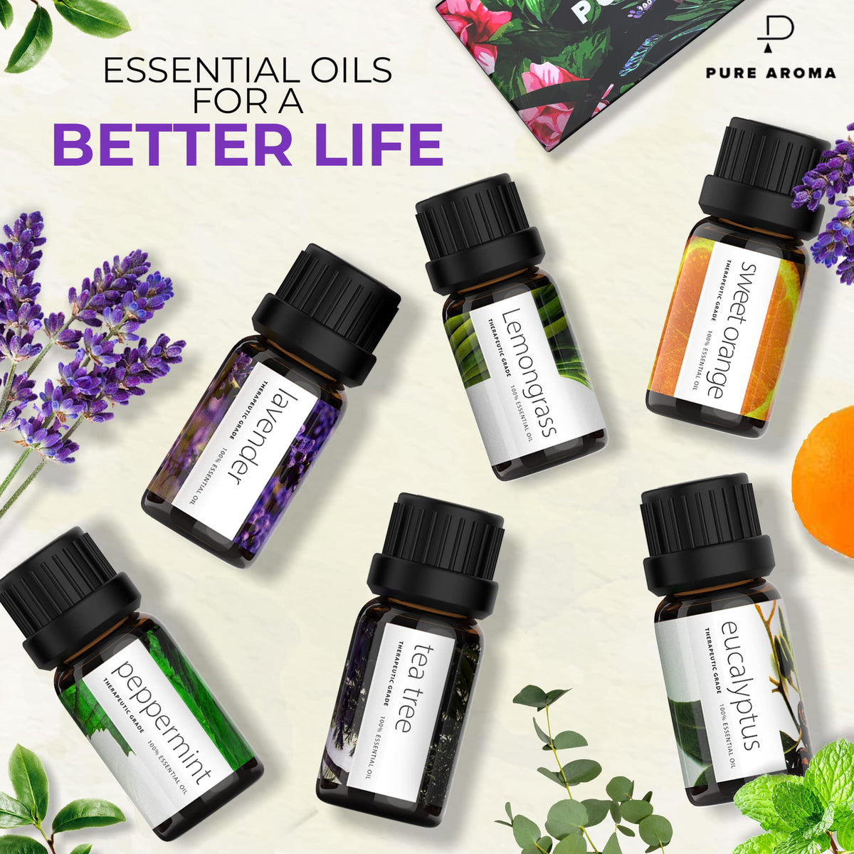 Essential Oils by PURE AROMA 100% Pure Oils kit- Top 6 Aromatherapy Oils Gift Set-6 Pack, 10ML
