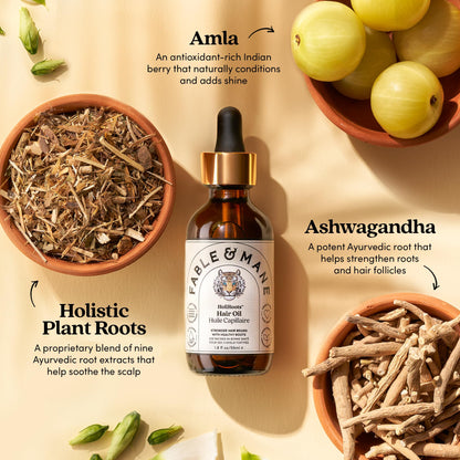 Fable and Mane Hair Oil - HoliRoots Strengthening Serum for Damaged, Frizzy Hair with Ashwagandha, Castor Oil & Scalp Treatment - 1.8FL oz