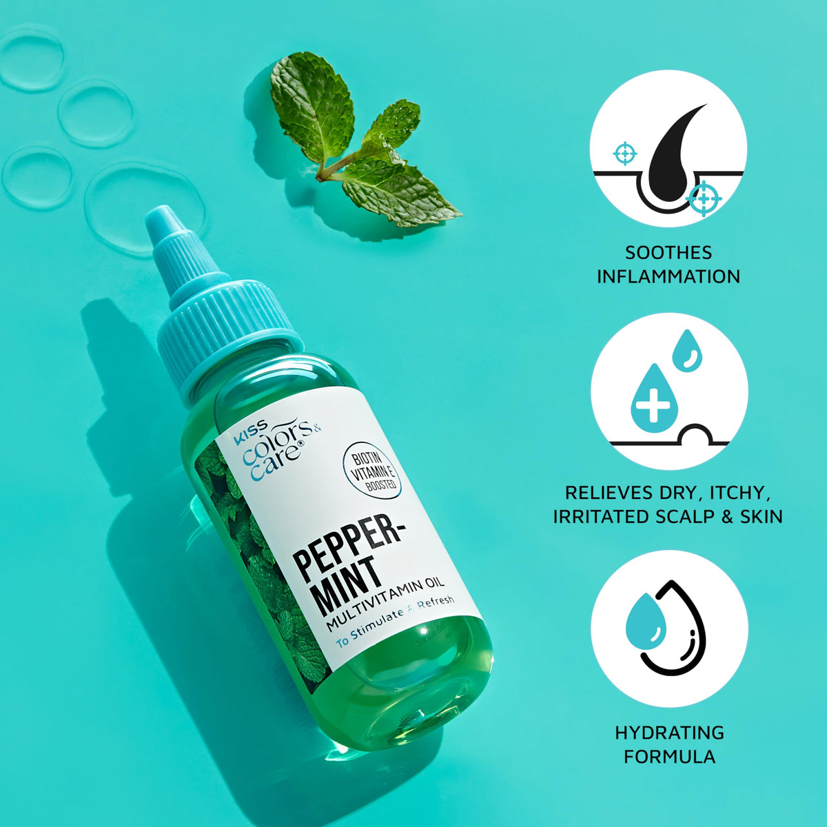 Kiss Colors & Care Peppermint Multivitamin Oil for Hair & Skincare, Infused with Biotin, Vitamin E and Natural Oils for Long-Lasting Hydration & Repair, 2.5 fl. oz.