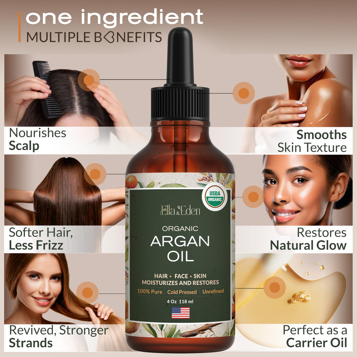 Ella & Eden Organic Argan Oil Of Morocco - 100% Pure Cold-Pressed USDA Certified Unrefined Moroccan Argan Oil for Hair, Face & Skin - 4 Fl Oz Glass Bottle