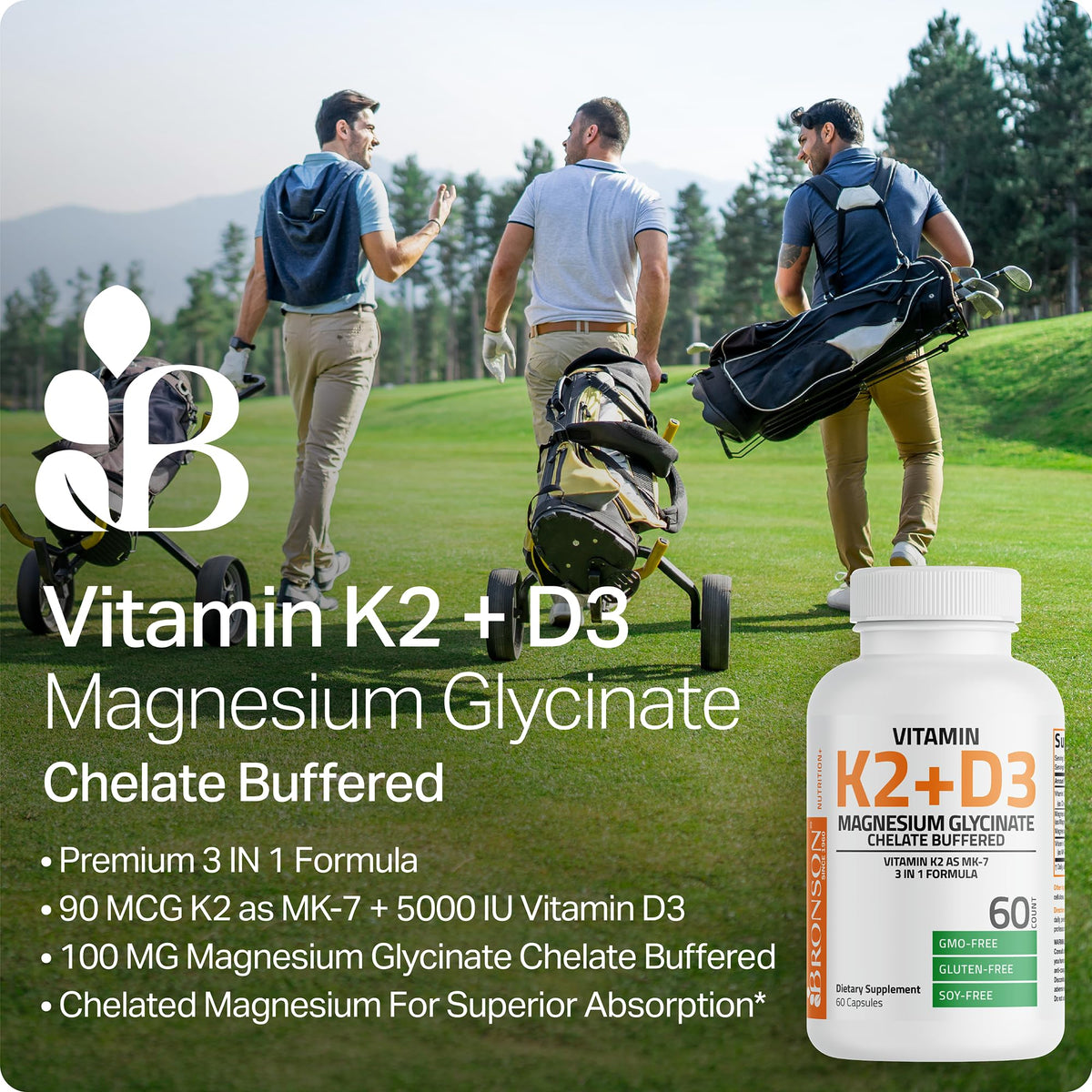Bronson Vitamin K2+D3 Magnesium Glycinate Supplement, 60 Capsules - 3-in-1 Bone & Heart Health Support Formula, Non-GMO, Gluten Free, Soy Free