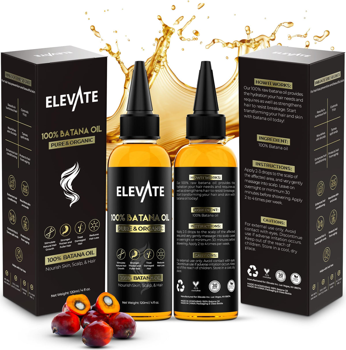 Elevate Batana Oil for Hair Growth - 100% Pure & Natural Raw Organic Oil from Honduras - Cold Pressed & Chemical-Free Serum for Thickness & Scalp Care Skin - Thicker Stronger Hair - 1 Pack - 4 Fl Oz