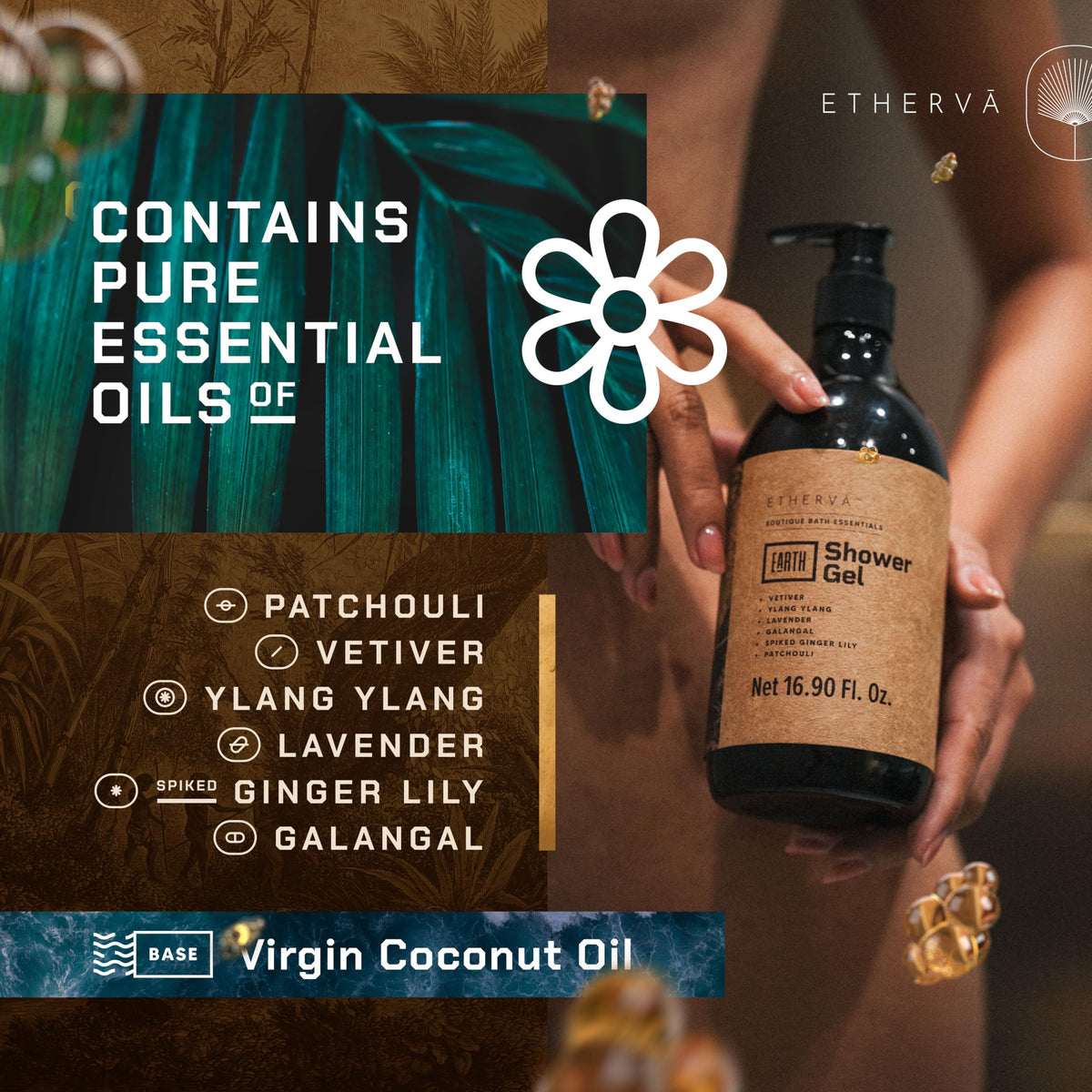 ETHERVA EARTH Body Wash for Men & Women - Patchouli, Vetiver, Incense, Virgin Coconut Oil