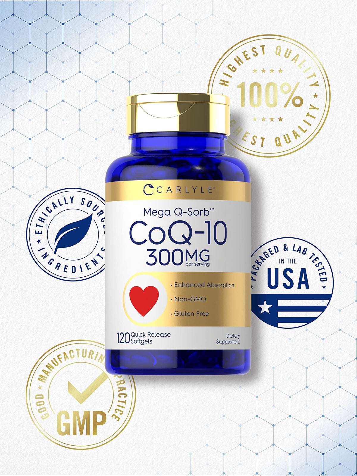 Carlyle CoQ10 300mg - 120 Softgels - Mega Q-Sorb Coenzyme Q-10 - with Black Pepper