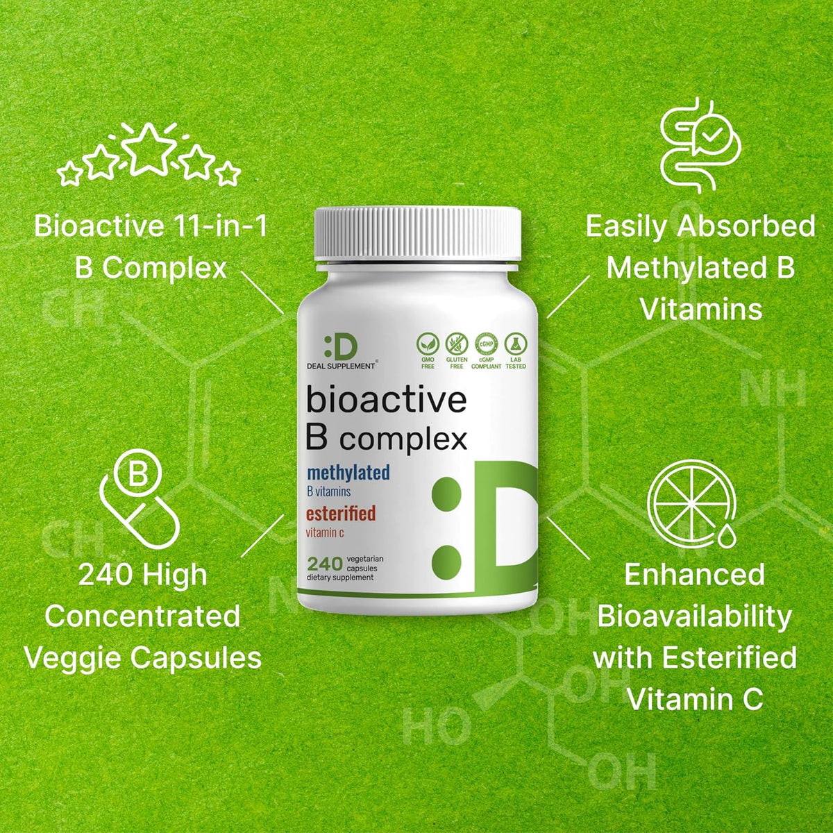 Bioactive Vitamin B Complex for Men & Women, 240 Veggie Capsules - Methylated B Complex & Esterified Vitamin C – High Potency & Easy Absorption – Immune, Energy & Metabolism Supplement – Non-GMO
