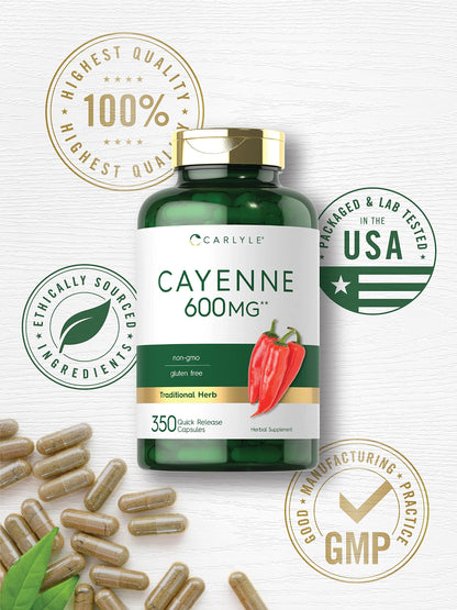 Carlyle Cayenne Pepper Capsules 600mg - 350 Pills - Non-GMO, Gluten Free Supplement