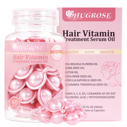 Hair Treatment Serum 40 Capsules, Hair Vitamins A C E Pro B5 - Hair Serum for Frizzy and Damaged Hair, Hair Oil with Rosa Rugosa Flower, Jojoba & Macadamia Seed - Leave in Conditioner for Women & Men