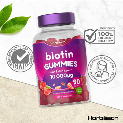 Biotin Gummies 10,000mcg - 90 Vegan Vitamins - Natural Strawberry Flavour