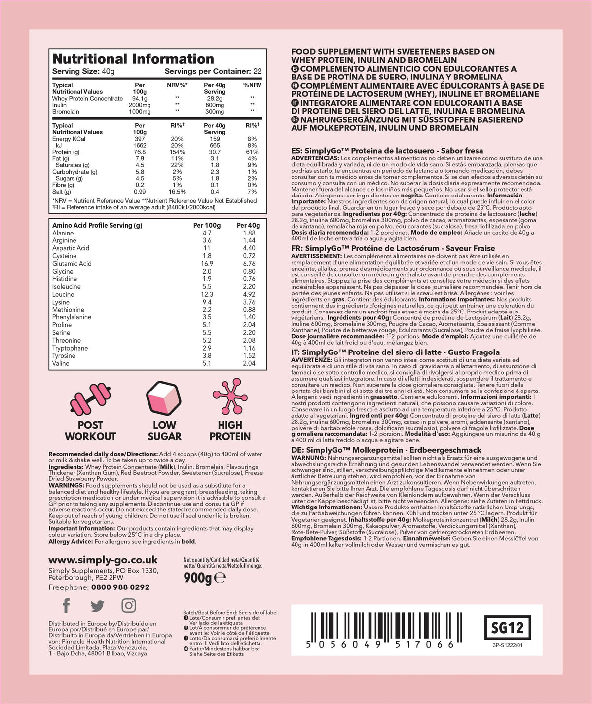 SimplyGo Whey Protein Powder - 900g - Simply Add 30g to Water, Juice or Shakes