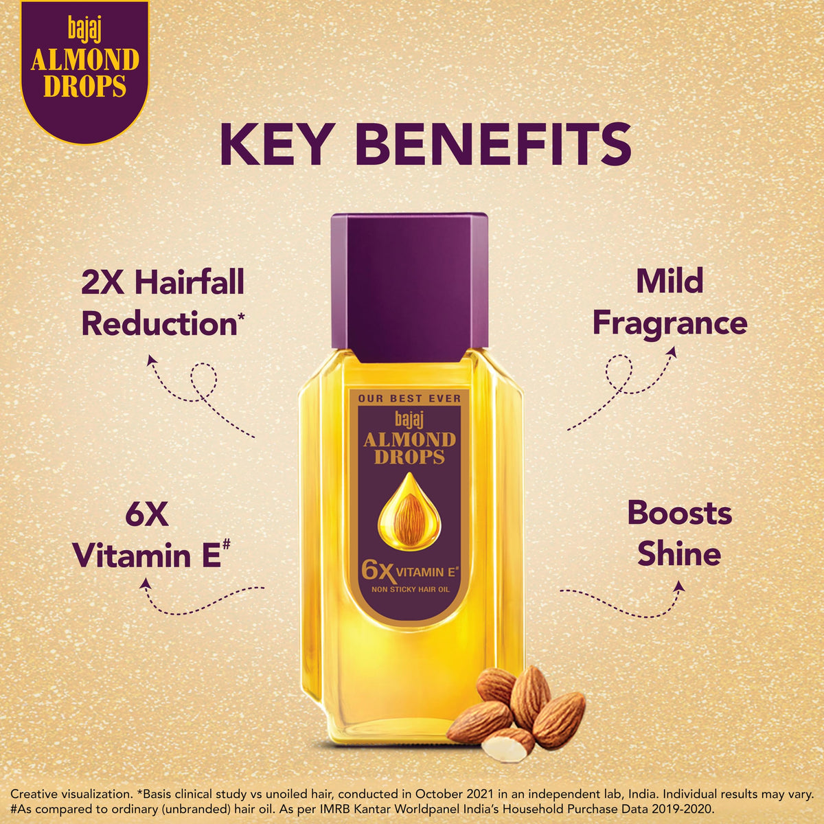 Bajaj Almond Drops Hair Oil, Almond Oil Enriched with 6X Vitamin E, Light and Non-Sticky, Hair Fall Control - 6.76 fl.oz (200ml)