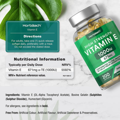 Vitamin E Capsules 1000iu - 200 Count - High Strength Vitamin E as DL-Alpha Tocopheryl