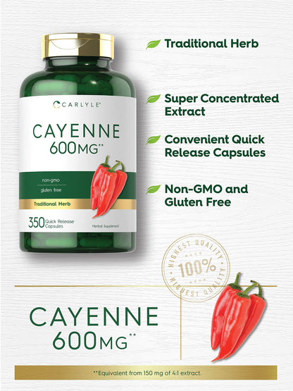 Carlyle Cayenne Pepper Capsules 600mg - 350 Pills - Non-GMO, Gluten Free Supplement