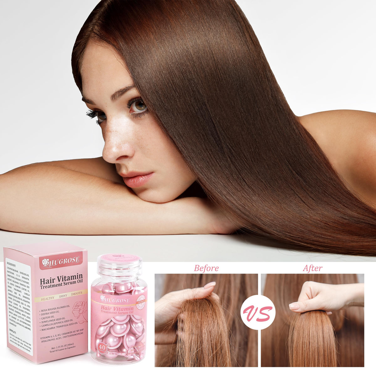 Hair Treatment Serum 40 Capsules, Hair Vitamins A C E Pro B5 - Hair Serum for Frizzy and Damaged Hair, Hair Oil with Rosa Rugosa Flower, Jojoba & Macadamia Seed - Leave in Conditioner for Women & Men