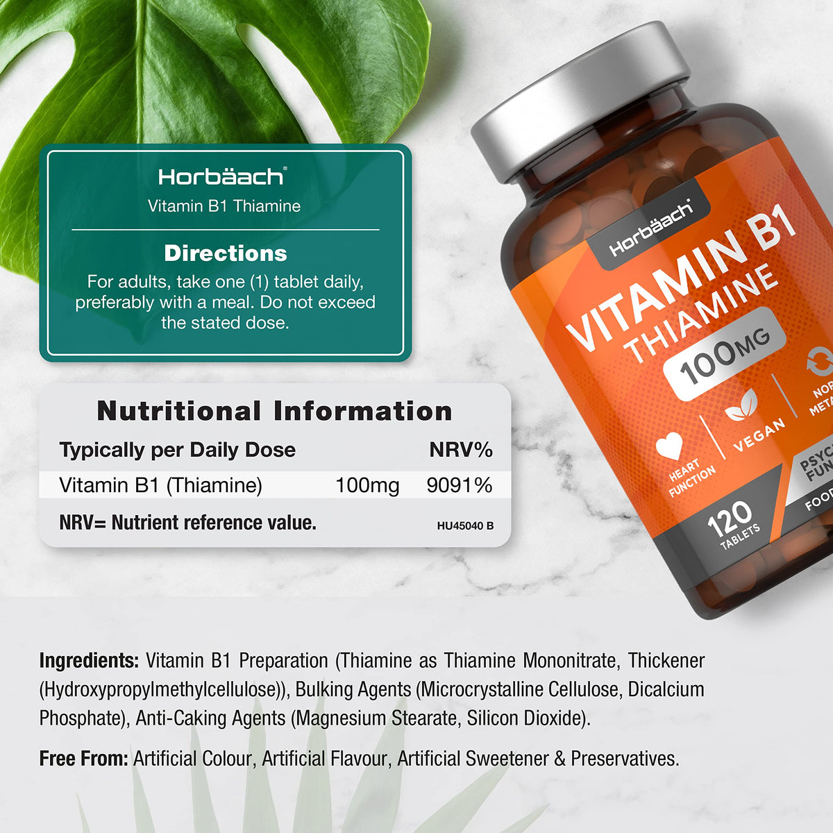 Vitamin B1 Thiamine High Strength 100mg - 120 Vegan Tablets - No Artificial
