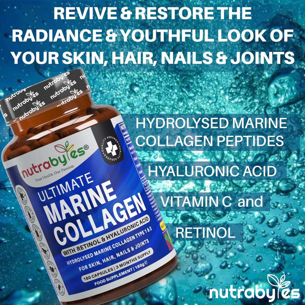 High Strength Marine Collagen with Hyaluronic Acid, Retinol and Vitamin C - 180 Capsules - 3 Months Supply