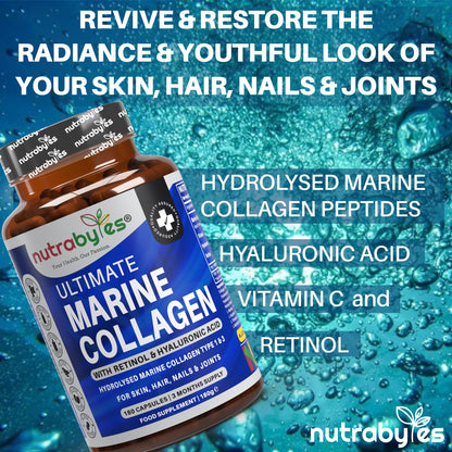 High Strength Marine Collagen with Hyaluronic Acid, Retinol and Vitamin C - 180 Capsules - 3 Months Supply