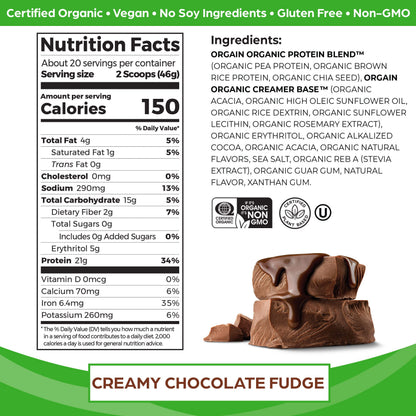 Orgain Organic Vegan Protein Powder, Creamy Chocolate Fudge - 21g Plant Based Protein