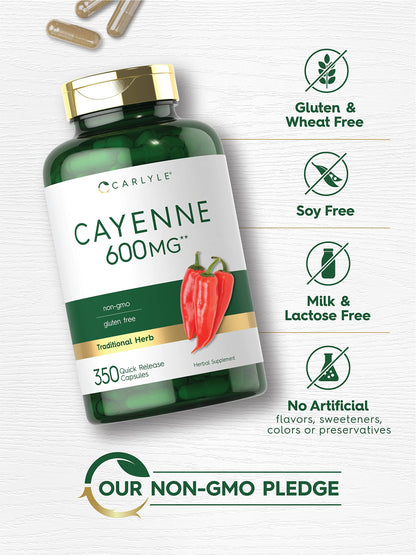 Carlyle Cayenne Pepper Capsules 600mg - 350 Pills - Non-GMO, Gluten Free Supplement