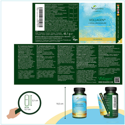 Vegavero Vegan Collagen Complex + Hyaluronic Acid - NO Additives - Vegan Collagen Powder Vollagen - Essential Amino Acids - 120 Capsules