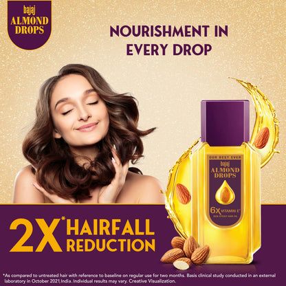 Bajaj Almond Drops Hair Oil, Almond Oil Enriched with 6X Vitamin E, Light and Non-Sticky, Hair Fall Control - 6.76 fl.oz (200ml)