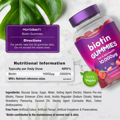 Biotin Gummies 10,000mcg - 90 Vegan Vitamins - Natural Strawberry Flavour
